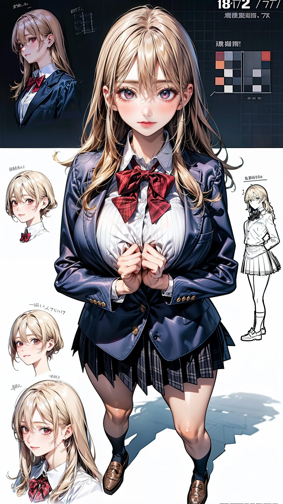 girl, alone, whole body, From head to toe, Are standing, (Huge_chest:1.3),

Character design sheet, Character Reference Sheet, 設計図のSchematic, Drafting, Blueprint, Schematic,
((Character design sheet:1.7, Character Reference Sheet:1.7,)),(realistic, photorealistic:1.2), 

anime/cartoon character wearing a girls , 1girl, alone, socks, red bow tie, black plaid pleated mini skirt, long sleeve black blazer, (very long hair, straight hair, brown hair), hair between eyes, brown eyes, drooping eyes, big eyes, long eye lasher, (medium breasts, narrow west, seductive thighs, camel toe, large ass), glamorous, skin dentation, babyface, cute face:1.2, tiny, curvy,  , shoes, loafers, , (Very short skirt:1.1), 