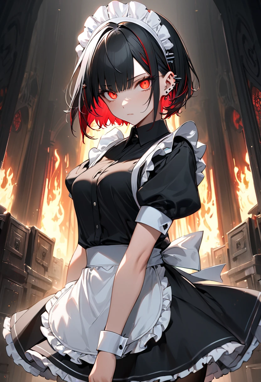 supreme-calamitas, angry closed-mouth, angry pouting, maid outfit, maid bonnet, angry blushing, bright red blush, grey skin,  gray skin, grey colored skin,  gray colored skin, surrounded by red fire, covered in red fire, volcanic background, magma background, red fire background, thicc, black leggings, 2 short white demon horns, 2 short anime demon horns white, black leggings, 2 short white demon horns, 2 short anime demon horns white, 2 white anime demon horns short, grey skin,  gray skin, grey colored skin,  gray colored skin, anime eyeliner, anime character eyelashes, arms-crossed, crossed arms, arms crossed, breasts exposed, exposed breasts