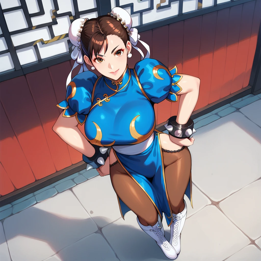 masterpiece,best quality,extreme detail,8k,cammyfn, 1girl, solo, long hair, breasts, blue eyes,brown blonde hair, large breasts, gloves, red hat, braid, ahoge, twin braids, leotard, lips, makeup, beret, scar, antenna hair, nose, harness, huge ahoge, green leotard,sleeveless, sweaty,sweat, exhausted,sleeveless,cross eye, full body , 1girl, (solo:1.2), (jumping:1.3), (mid air:1.3), (cowboy shot:1.5), smile, happy, (masterpiece:1.3), (best quality:1.3), (perfect ???????:1.4), highly detailed, chun li, brown eyes, short hair, double bun, bun cover, blue dress, pelvic curtain, spiked bracelet, sash, brown pantyhose, (post fight scenery:1.3), rubble, outside, daylight, nyantcha, expressive faces, anime-inspired, (cell shading:1.2), lips, merging