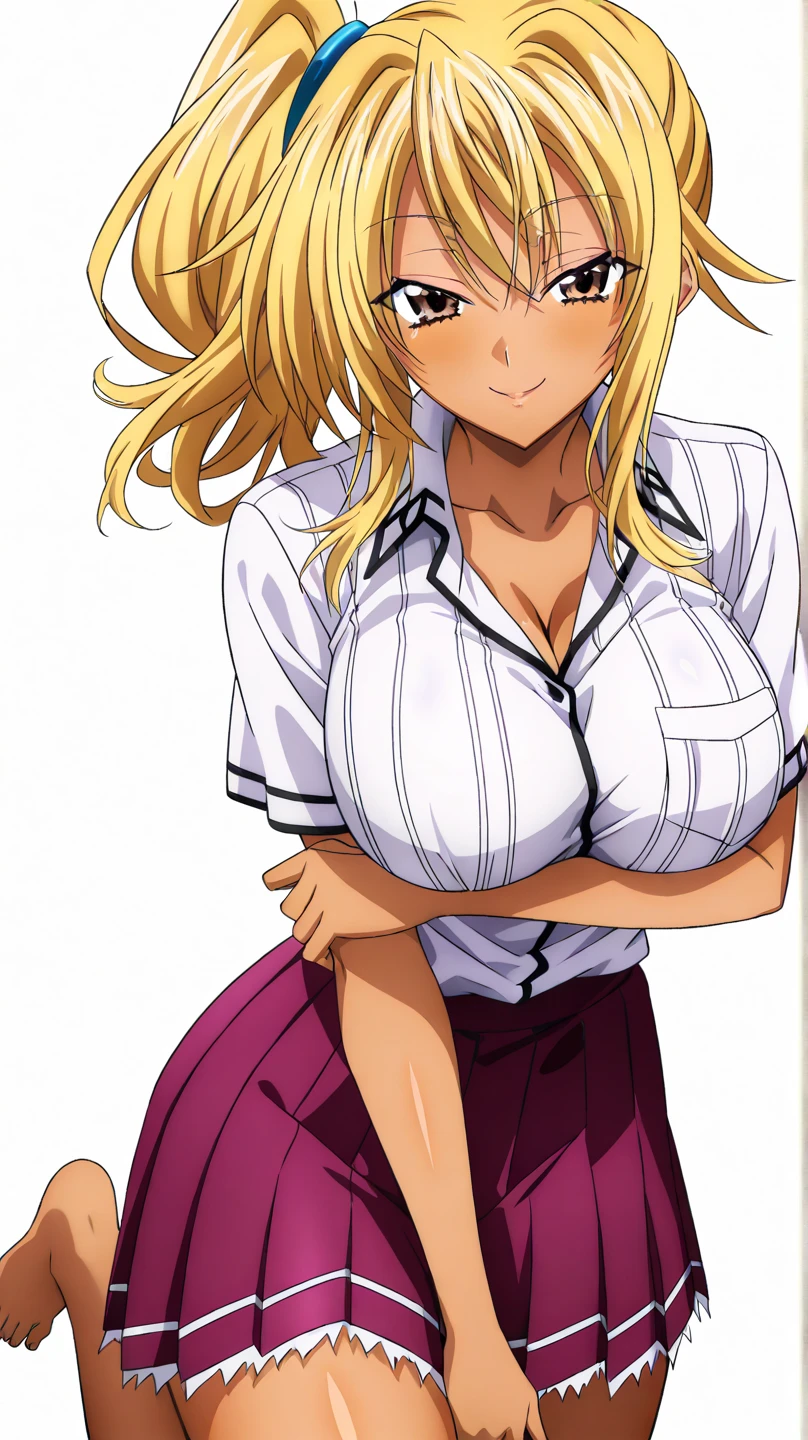 masterpiece, best quality, 1girl, solo, breasts, cleavage, blonde hair, long hair, parted bangs, blue eyes, looking at viewer, sweat, large breasts, (dark skin:1.3), white collared shirt, pleated skirt, flashy gyaru, happy, showy,too many accessories, colorful , kogal, kogal gyaru, necklace, earrings, bracelet, bra peak, leopard print, makeup, school, (skirt lift pov), from below, (lifted by self), (panties)