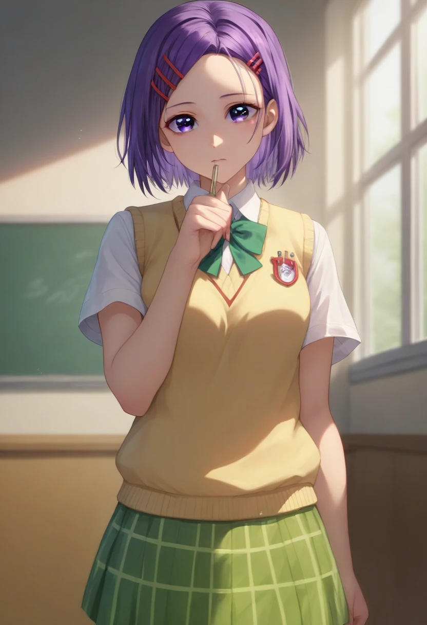 masterpiece,1girl, <lora:jtveemo-15:1> jtveemo,solo,cowboy shot, parted lips, lollipop, multicolored hair, detailed background, detailed shadows, classroom, windows, cherry blossoms, school uniform, skirt,(white hair, gradient hair, dark-skinned female), (mohawk, undercut:1.3)