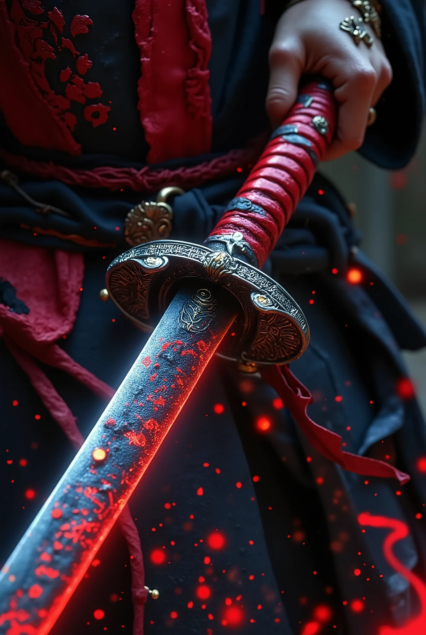 ((( A lethal sword with blinding metal with details and Japanese writing vision and composition of the sword seen from the bottom up 65% vertical position , details on the matte red sword handle with a curled black ribbon , it rains in the region and together with the wind intensified by the brilliance of the sword background image village era Japanese front view 1,5. A very sharp sword , thematic and cinematographic quality rewritten decisive image something Never seen on a Millennial sword all of the above information is completely and completely unchanged, Prompt negativo ((( I don't want any foreign object that was determined above, I don't want bodies of people next to the sword)))