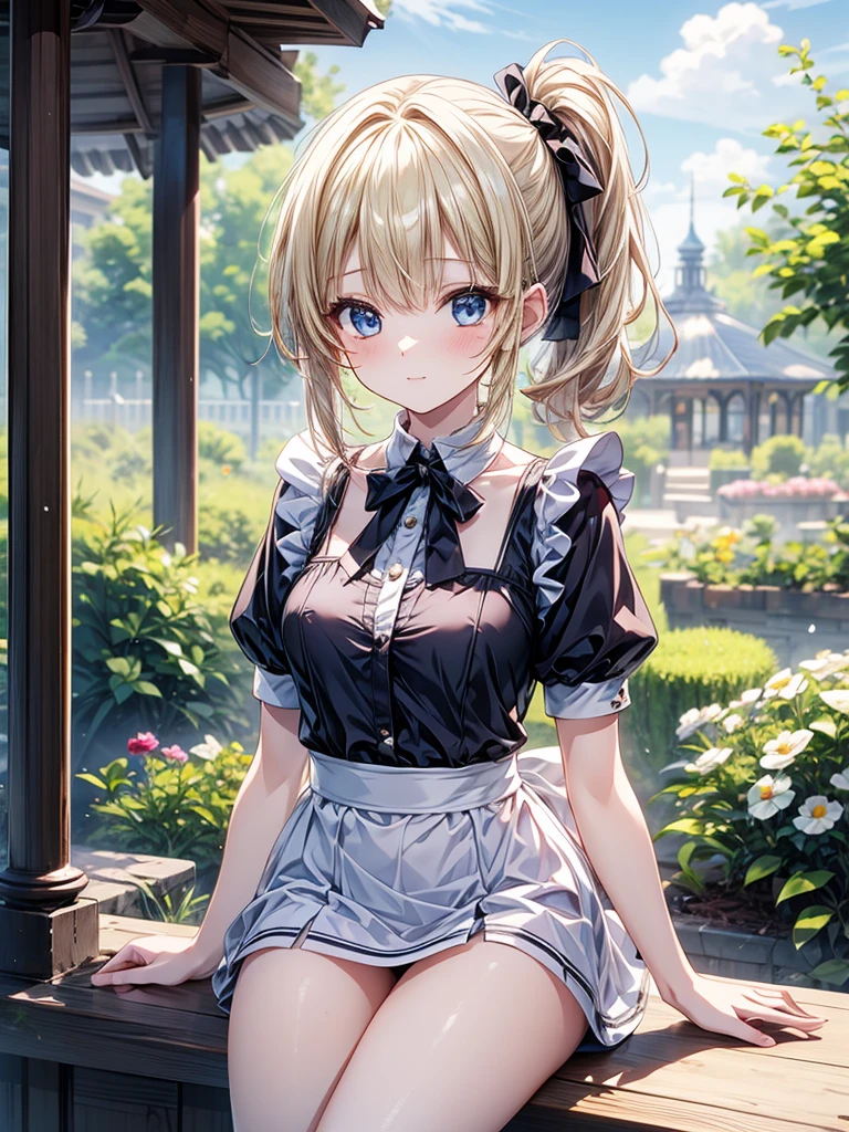 1girl, natural lighting, masterpiece, highly detailed, illustration, game CG, absurdres, high quality, kinomoto sakura, (18 year old girl), medium breasts, beautiful detailed eyes, glossy lips, natural lighting, short fluffy blonde hair, messy hair, green eyes, garden, cafe, maid, short puffy sleeves, small maid apron, thigh highs, cleavage、フェラチオ