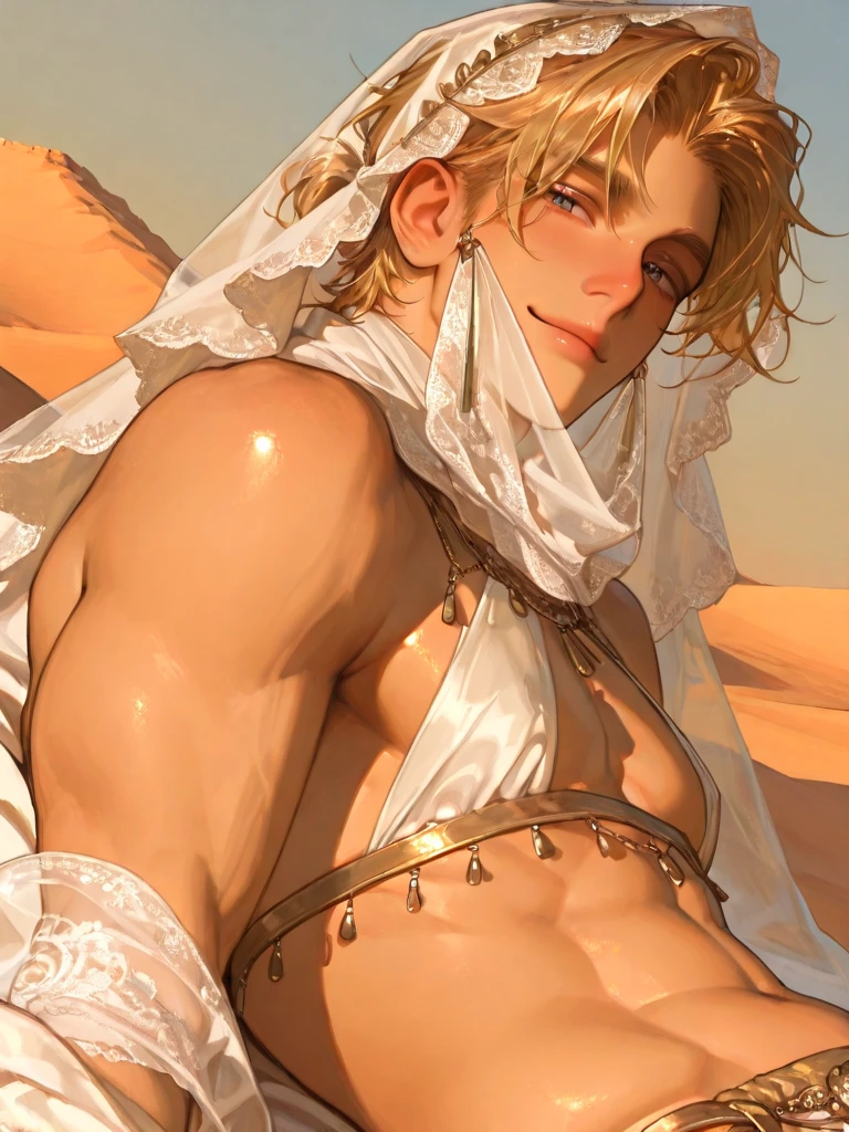 1boy, black eyeliner, male medium length mullet hairstyle, medium sharp hair texture, blonde hair, handsome, blue eyes, black choker, black long bandage gloves, white bandage on body, desert, room, red lipstick, femboy, blush, thin waist, open mouth, He lies on the floor, half open eyes, bandage pants, bandage choker, mummy, beautiful face, holds his hands behind his head