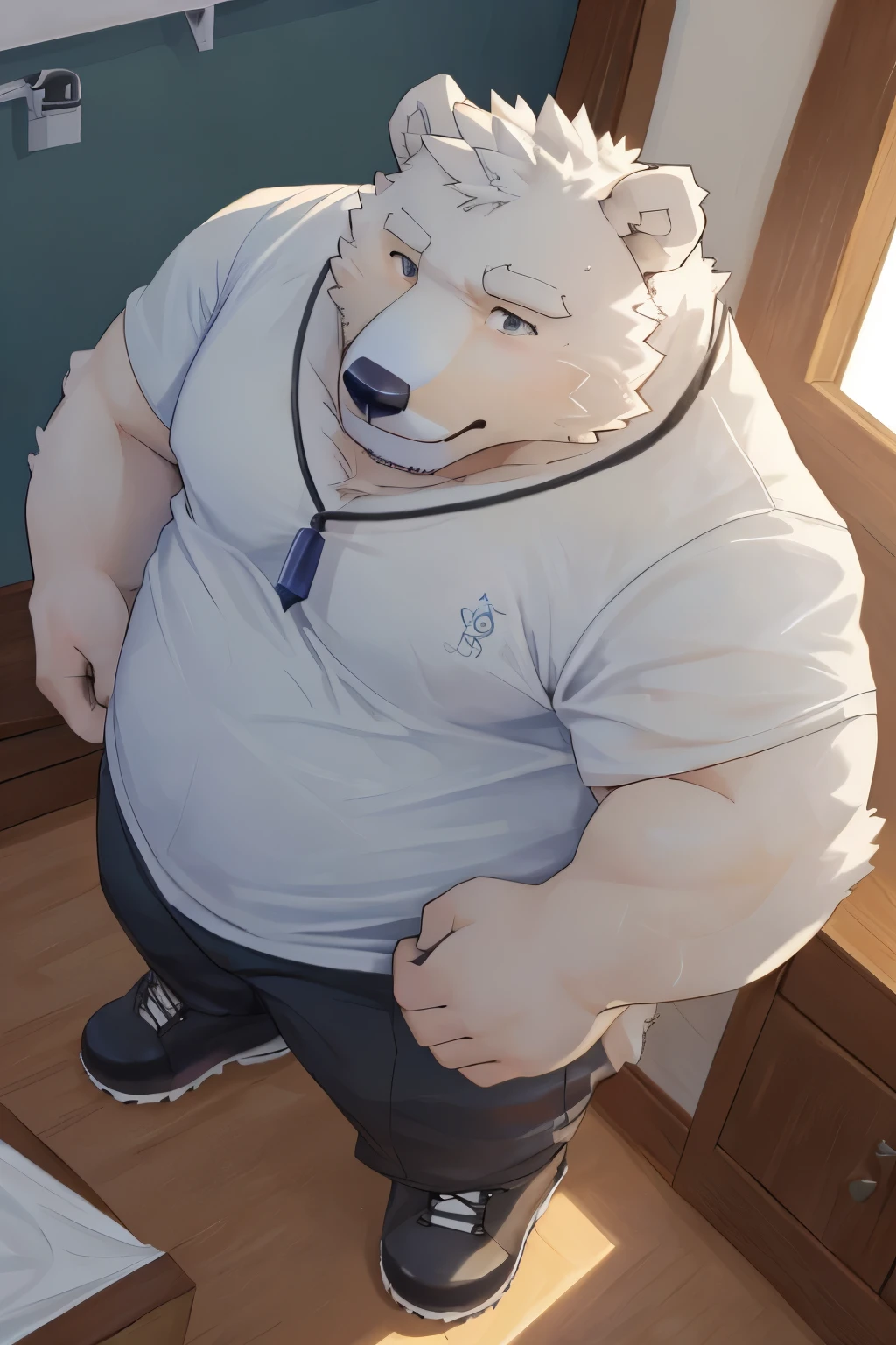 male,40 years old, ((Round Face, Full face ,black eyes, )), ((Endocrine, handsome,)), (), ((Domestic polar bears,polar bear,) furry fur, furry), in the dressing room , (High Quality, High resolution, Masterpiece), (dynamic lighting, vibrant colors), (), Full body photo , cartoon, author:Arashi Takehoto, high angle view from Zixiong, author:Chunni, author:Ethereal,(Background:), super detailed, sweat, Rough, maturity, strong expression, sharp gaze.,The character's feet are wearing sports boots,Don't be condescending from a condescending perspective!