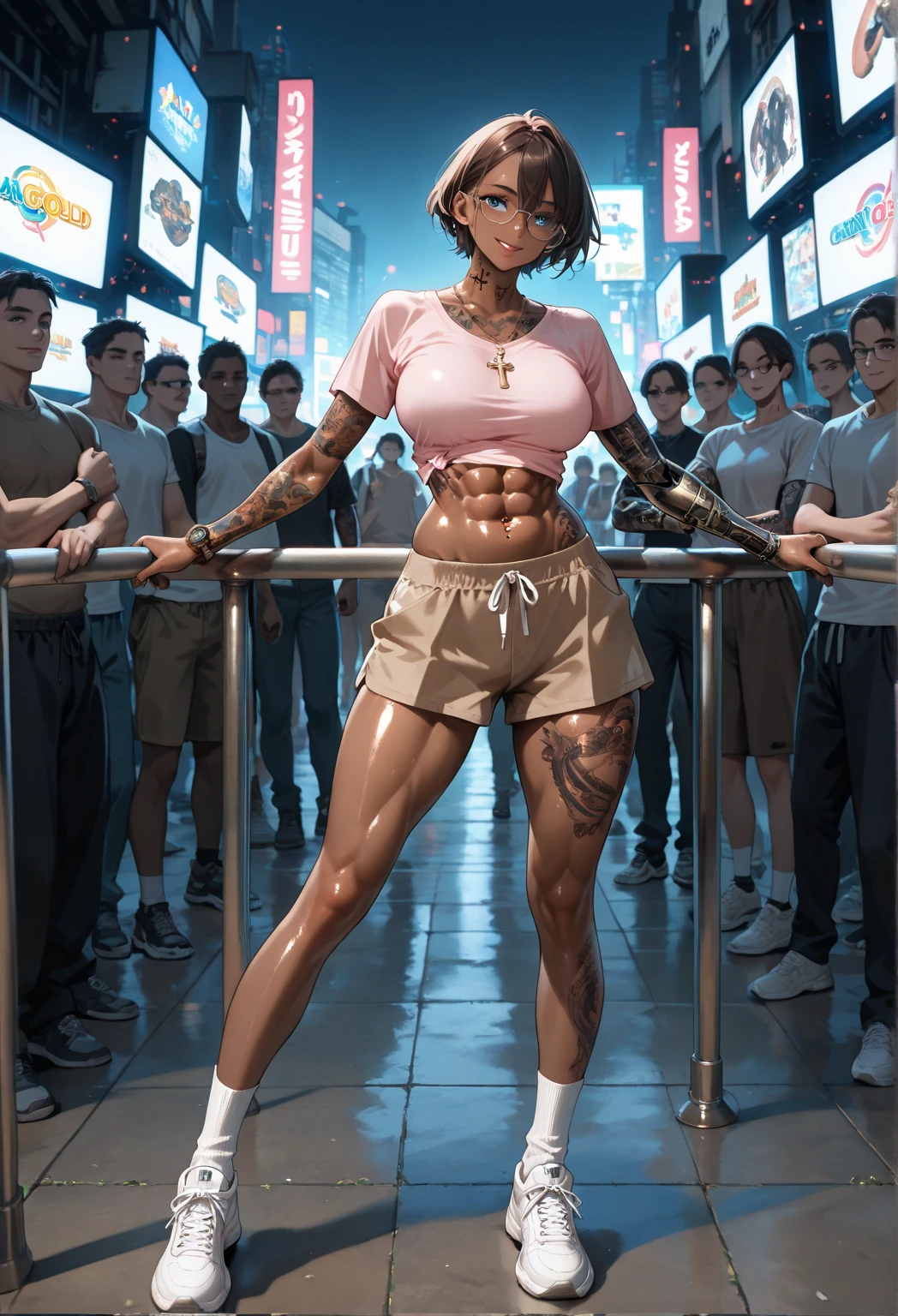 a young man having long legs, thick thighs, large hips, thin and narrow weist, big large feminine breasts, wearing leggings and tshirt, sleeveless, very small spikey boyish haircut, man 