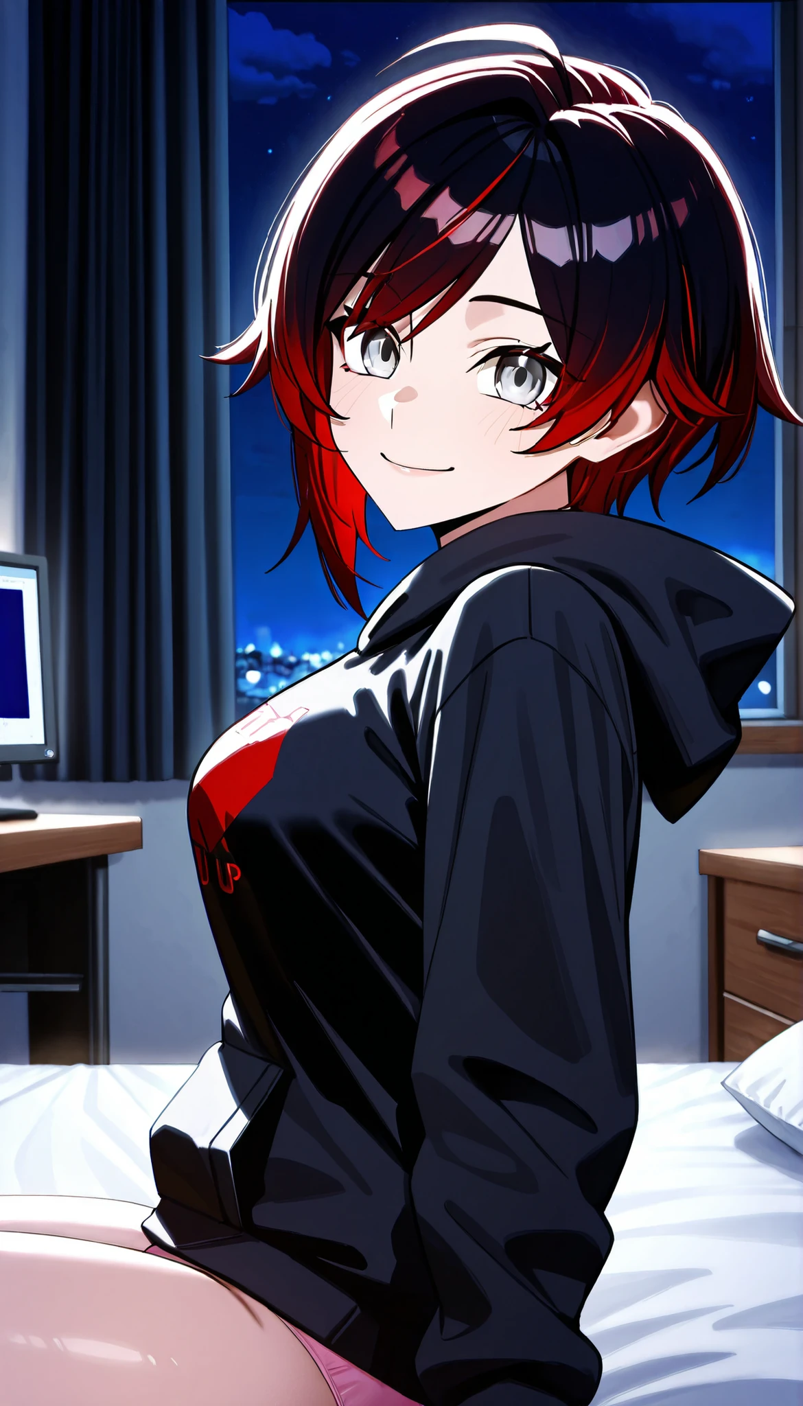 RubyR0se, 1girl, black hair, red hair, two tone hair, gray eyes, medium 32B breasts, black hoodie, pink panties, indoors, bedroom, king sized bed, sitting on bed, desk, PC, looking at viewer, sitting sideways, smile, upper body, close-up of face, from side, score_9, score_8_up, score_7_up, source_anime, anime_screencap, dark, night, masterpiece, best quality, highres, high detail