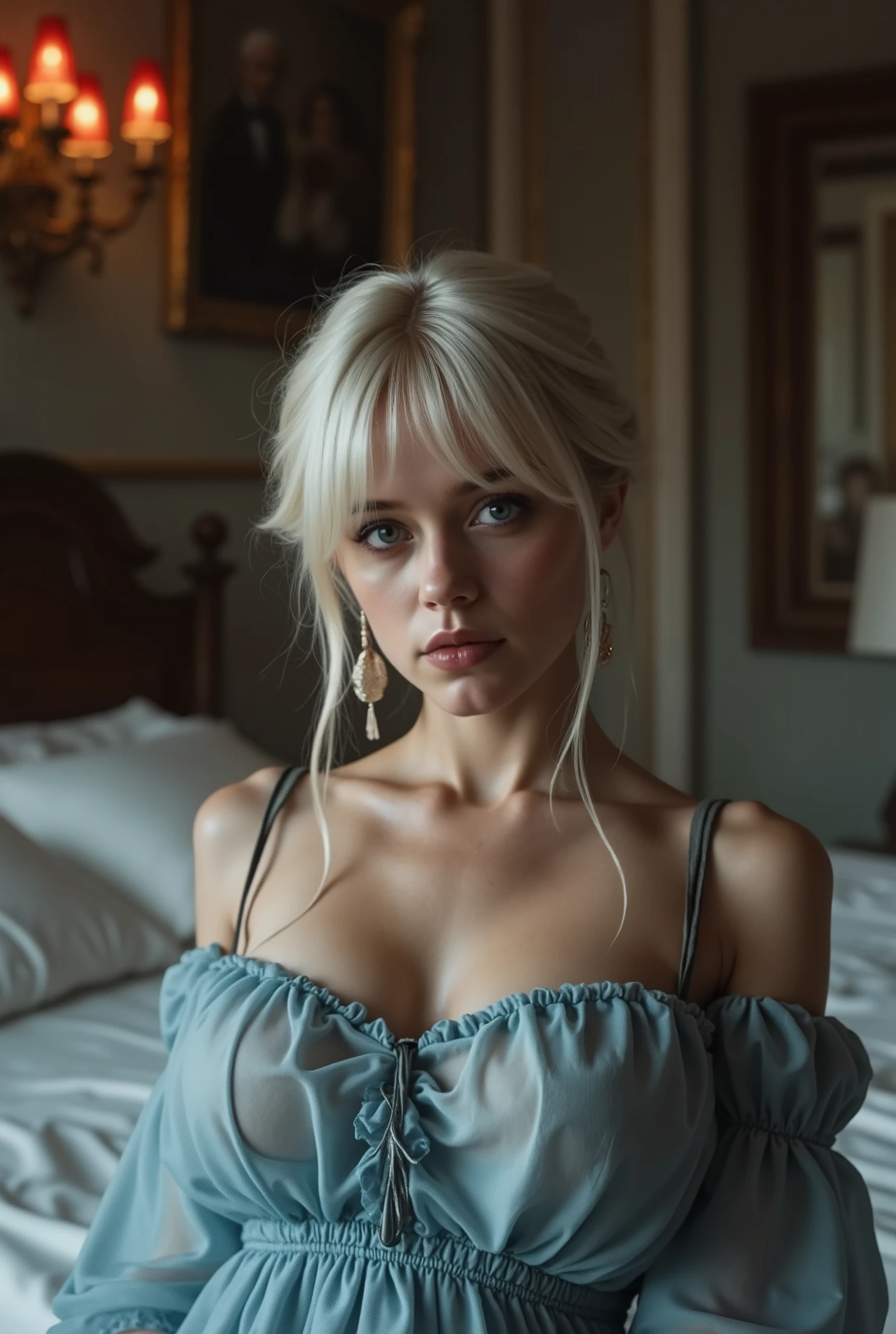 Realistic and delicate painting,Full-length photography,
Head and torso of woman lay down on the bed of palace,naked breasts貼著床上,He held a plate of wine,, облил ее Clothes вином,, so he wet a large thing,
She is wearing light blue Bavarian traditional costume. Bare chest,The shoulder strap of the clothes is torn off,The buttons of the clothes are unbuttoned,Wide strapped clothes,naked chest,The clothes are a little dirty,All the clothes were wet.,酒water,water, transparent clothes , lush breasts, full chest,resolution of the moon, Night, One, big breasts, Clothes, revealing breasts ,, silver and white hair, neat short braid on the ends of hair,Just, without losing individuality,breeze, because of which he has hair loosened,slightly disheveled hair,her eyes amber,like an ancient stone,Glow of fiery red lantern shines from her flickering cold and sharp Soothing glow, Spirit slightly distracted from spirit sparkling spirit,Wearing a magnificent belt,standing, White realistic,Snow-white breasts, Night 天空, heart, transparent clothes, bangs, (((masterpiece),(чрезвычайно тонкие обои CG Unity 8K),best quality,,One,1 girl,cinematic lighting,detailed background ,beautiful detailed eyes,Bright pupils, (gentle and beautiful image),(Beautiful and detailed description of the eyes), Super detailed,masterpiece作,)