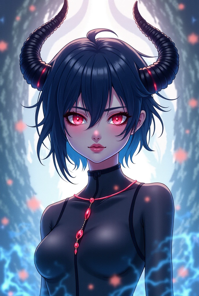 The image is a digital illustration of a young girl with blue hair and red eyes. She has a fierce expression on her face and is wearing a black outfit with a choker necklace. Her hair is styled in two large horns on top of her head, which are covered in purple and blue lights. The background is dark and there are purple lightning bolts scattered around her. The overall mood of the image is intense and dramatic.