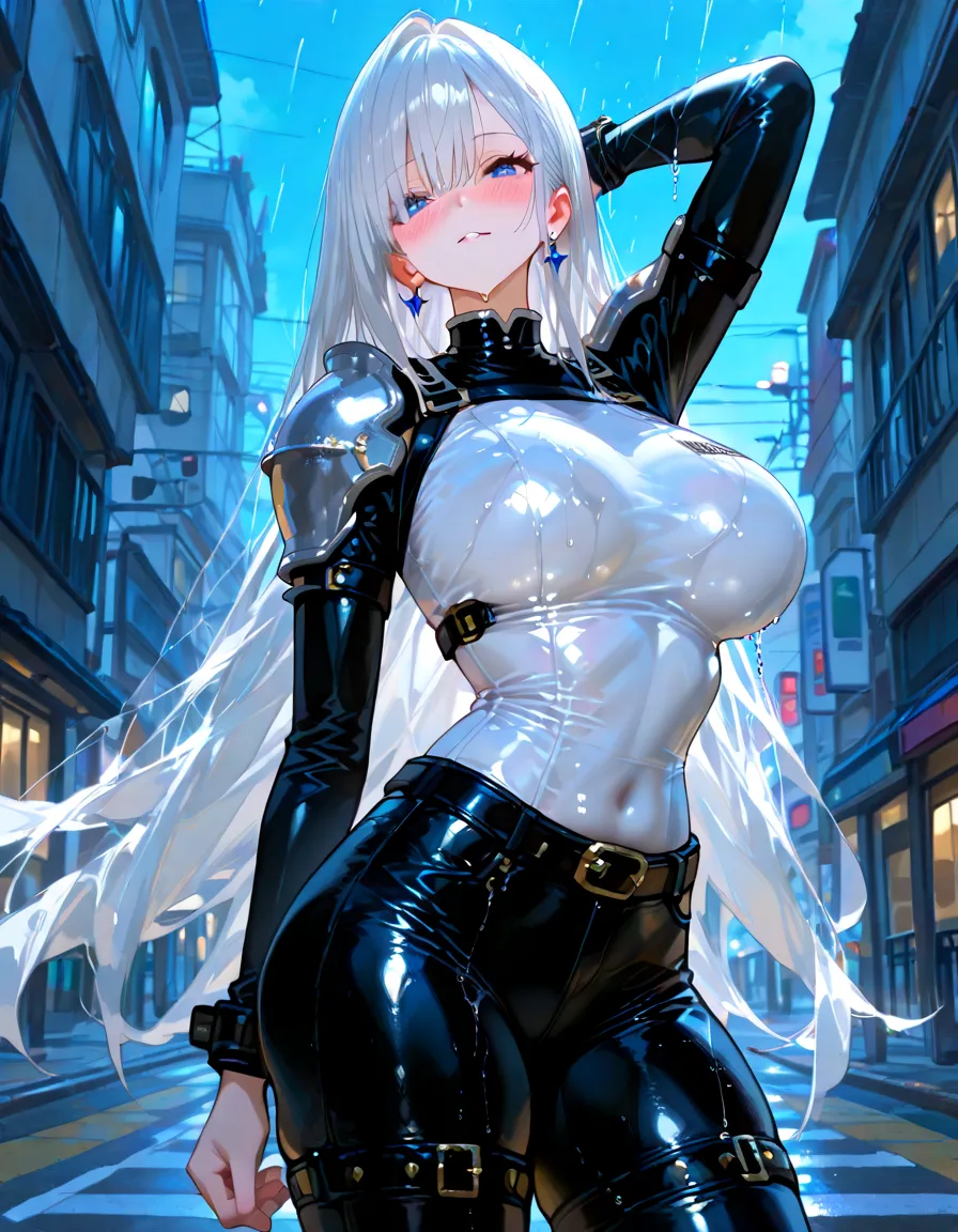 (masterpiece, best quality, ultra-detailed, best shadow), (beautiful detailed face:1.3), illustration, 1girl, solo, shiny, reflective, white hair woman with piercings and piercings, goth girl aesthetic, portrait of kim petras, she looks like a mix of grimes, 29 - year - old goth girl, grunge aesthetic!!!, grunge aesthetic, goth aesthetic, pale goth beauty, looks like a mix of grimes, pastel goth aesthetic, grunge aesthetic!!! latex, big curvy body, bodysuit, big demon girl, big white horns, big breast, big sexy body, white hair, white horns, pointy ears, freckles, blue eyes, RAW, 8K, UHD, candid, art style by Artgerm, by nine_(liuyuhao1992), by Yusuke Murata