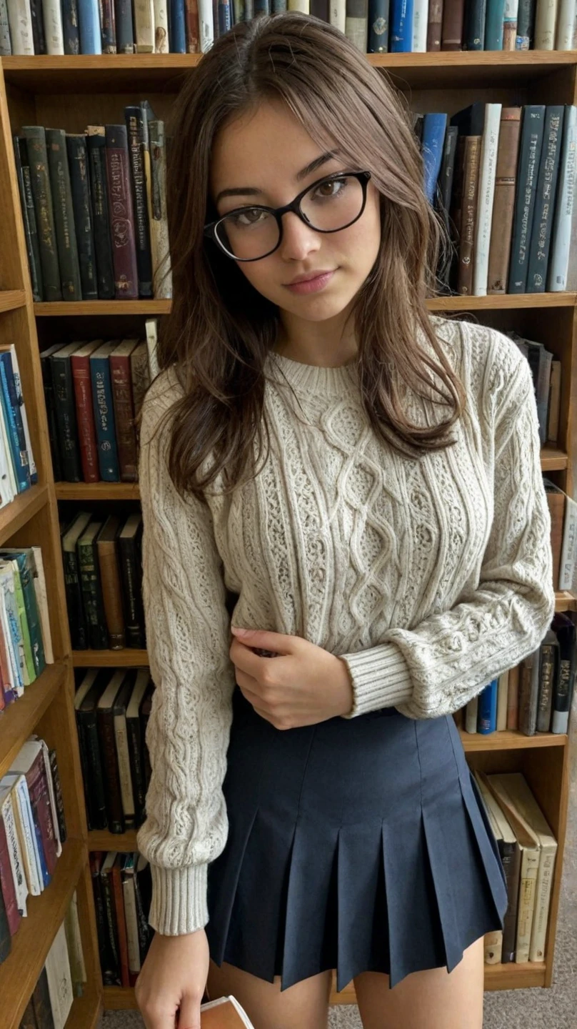 (32K resolution: x1.5), [masterpiece], [librarian : x1.21], bokeh effect, [studious ambiance: x1.21], film grain style, (ultra-realistic: x1.5, photorealistic: x1.5), intellectual character, perfect figure, intricate details, [19-year-old girl: x1.21], (old-world library setting: x1.2), (rows of books and quiet corners as backdrop: x1.3), (immersed in reading: x1.4), (peaceful midday: x1.2), (vintage glasses and classic literature: x1.3), [theme of intellectual pursuit: x1.21], (absorbed in knowledge: x1.3), specific lighting: (soft natural light from windows: x1.4), 35mm film look, [desaturated: x1.21], (color palette of rich wood and muted tones: x1.3), vignette, [Kodachrome: x1.21], Lomography, analog film, [expression of focused learning: x1.21], tanned skin, (long brown hair: x1.3), hair texture: (pulled back in a smart bun: x1.2), makeup: (subtle and refined: x1.4), facial expression: (engrossed and thoughtful: x1.5), body shape: ((curvy)), slim waist, (visible curves), [(large breasts): x1.5], clothing: (classic sweater and skirt: x1.4), [elegantly academic: x1.21], (Ananya Pandey: x1.5), photographed on Canon, lens mm: (85mm for intimate focus: x1.4), shallow depth of field, [Kodak Vision Color: x1.21], post-processing: (highlighting the hushed atmosphere: x1.5), (capturing the essence of quiet study: x1.5), resolution: (20K for clear textural details: x1.3), [exceptionally detailed: x1.21], maximum details, [optimal quality: x1.5], resolution: 32K, RAW, photorealistic, pose: (seated at a table with a book: x1.4), body length: (half-length shot for focused intimacy: x1.2), direction of model's body and gaze: (leaning over the book, completely absorbed: x1.5), gaze intensity level: (serene and studious: x1.5), [additional detail: the quiet whispers of turning pages: x1.21], (Librarian) naked
