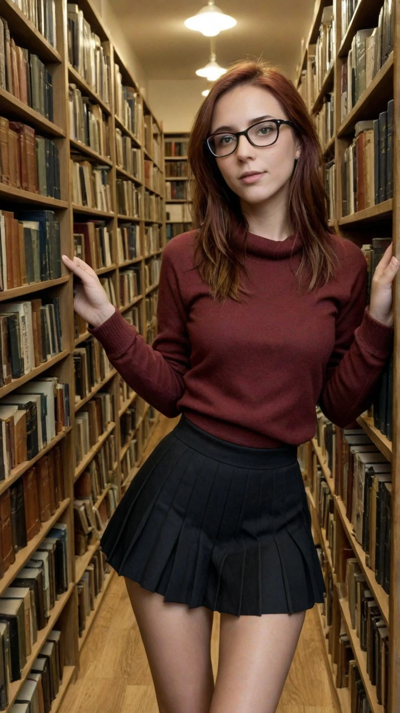 full body reaching upward, 22 yo brunette British girl pulling a book of an old library shelf