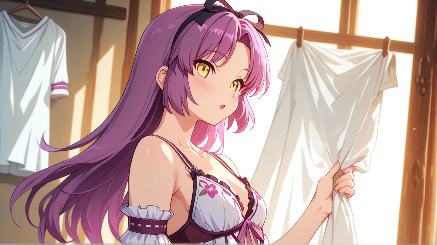 A pink haired woman with violet eyes with an hourglass figure is leaning against the window in a silky nightgown