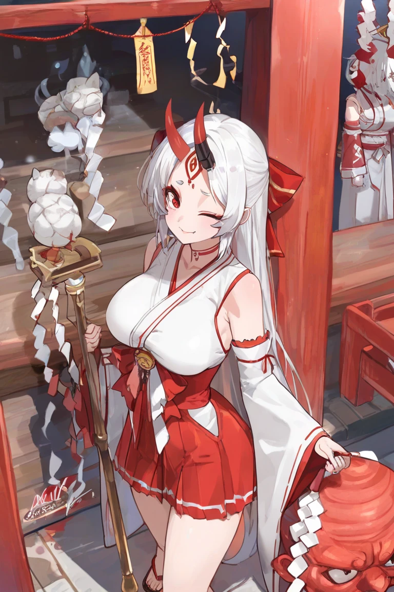 Big boobs, bob hair Red Dress, Miko, Shrine Background, mountain, 1girl, masterpiece, best quality, highly detailed, 8k