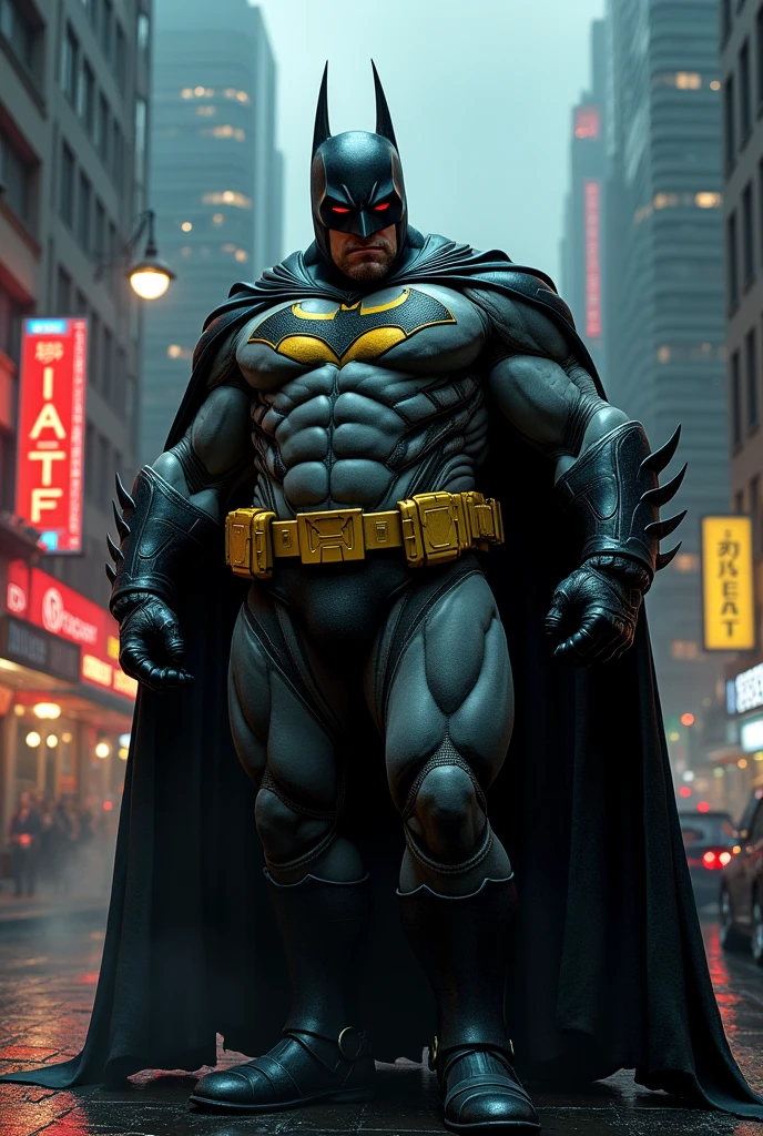 Very fat Batman, (fat), dynamic pose, posing near fast food, night, depth of field, bokeh