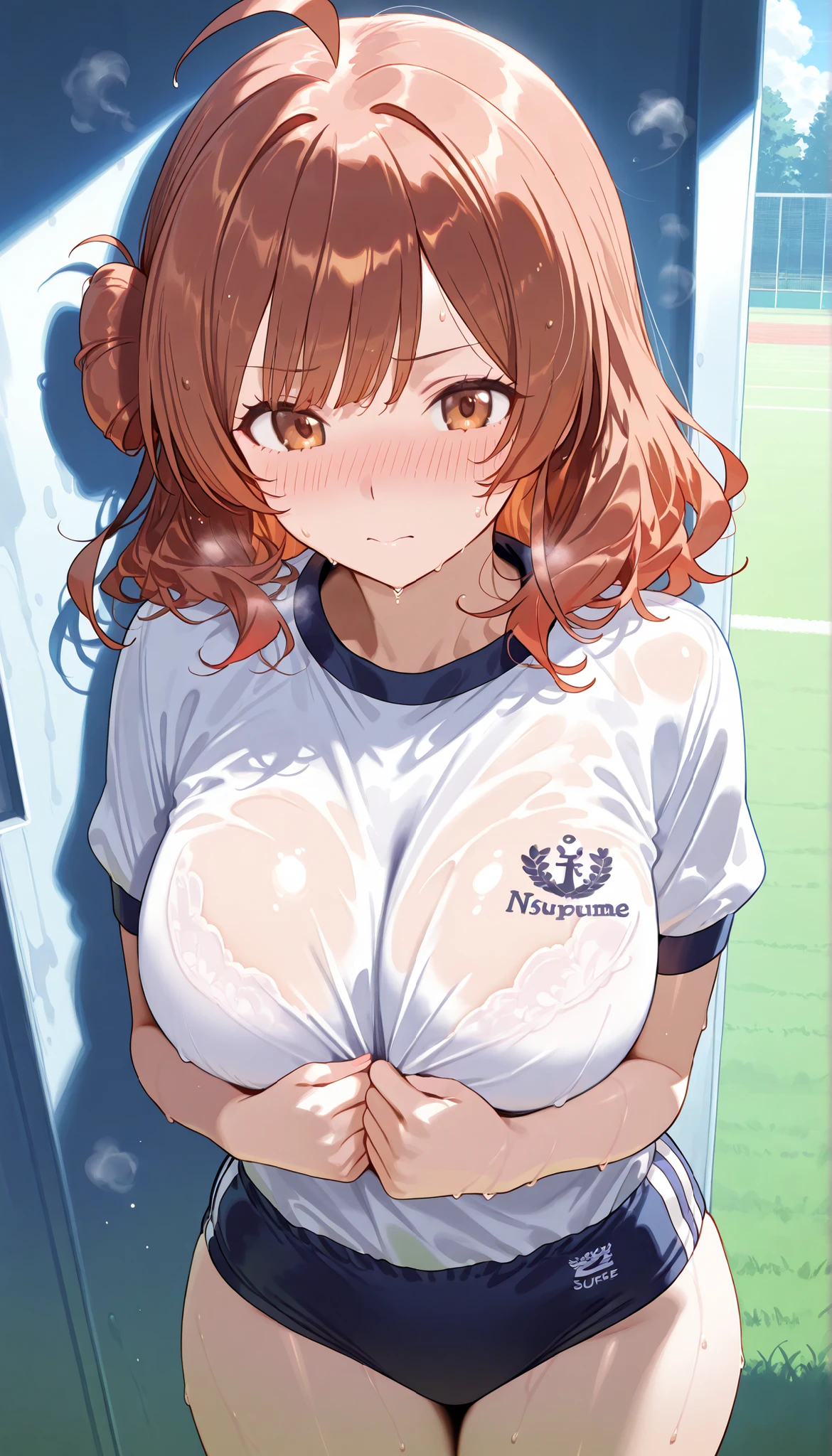 masterpiece, score_9, score_8_up, score_7_up, anime, pinup, Supreme Masterpiece, perfect eyes, perfect face, Best Quality, high resolution, 1girl,hanami ume, brown eyes, brown hair,medium hair, hair bun,ahoge, , buruma, (navy buruma:1.3), standing, front view, bust shot, nose blush, wet, sweat, steam, bedroom