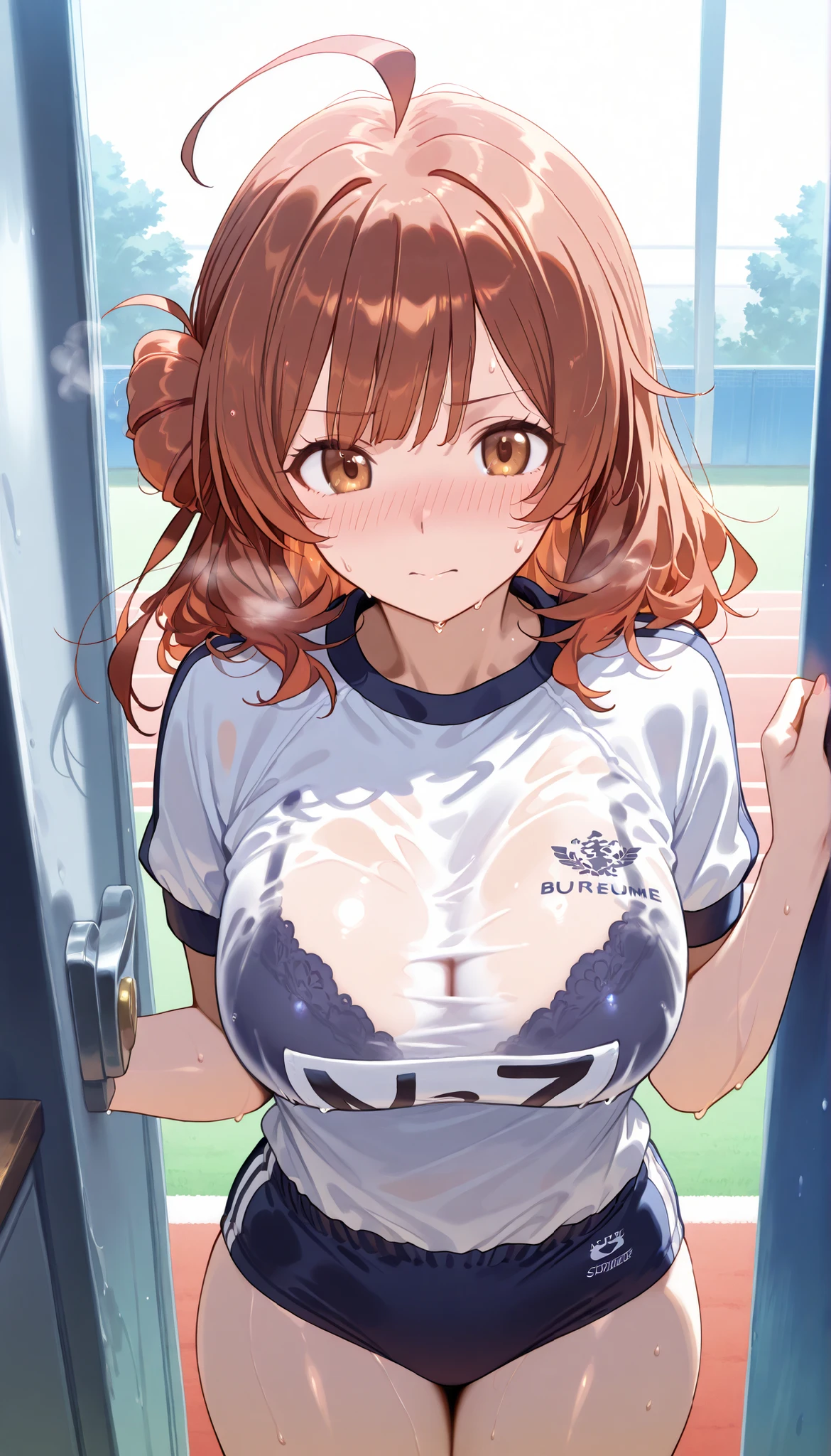 masterpiece, score_9, score_8_up, score_7_up, anime, pinup, Supreme Masterpiece, perfect eyes, perfect face, Best Quality, high resolution, 1girl,hanami ume, brown eyes, brown hair,medium hair, hair bun,ahoge, , buruma, (navy buruma:1.3), standing, front view, bust shot, nose blush, wet, sweat, steam, bedroom