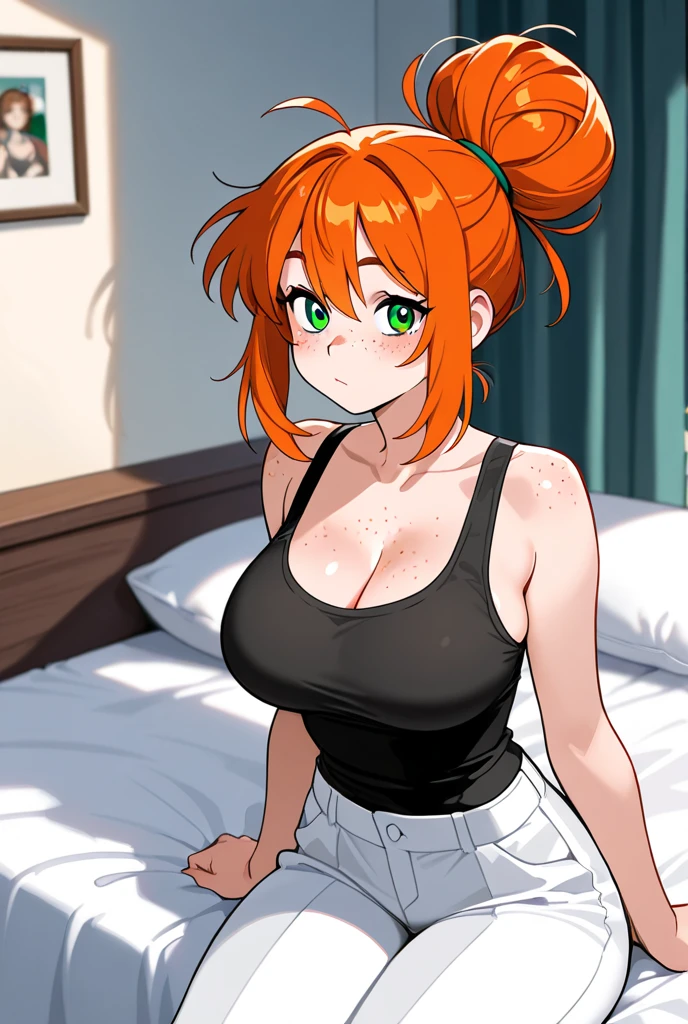 2heads, a short chubby woman with 2 heads. Her breasts are enormous. She is wearing a hoodie and sweatpants. She is pouting. She has messy long orange hair. She has freckles. Her breasts are massive. She is sitting on a couch. Huge boobs.