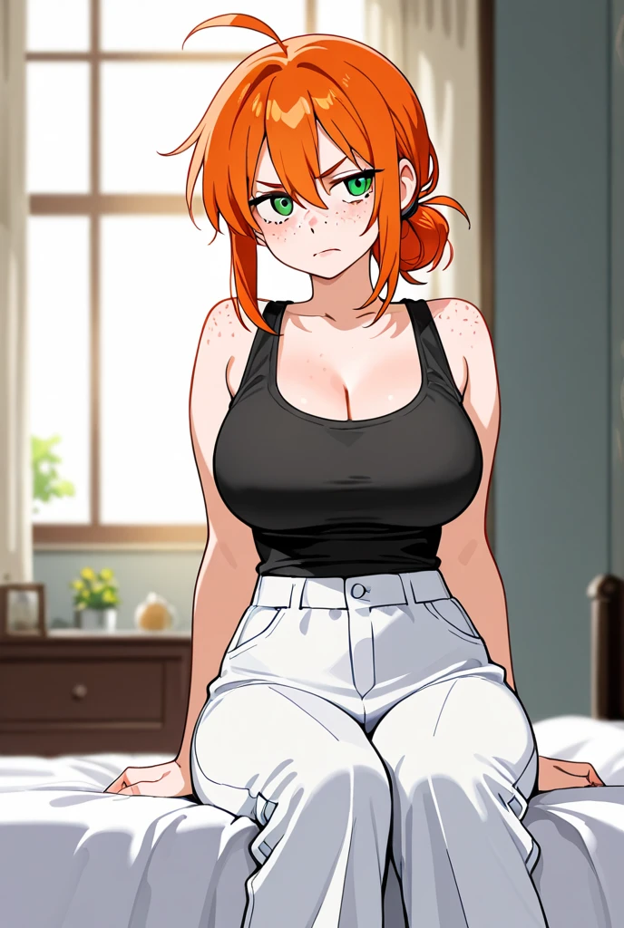 ((highres)), (Masterpiece), superior quality, high quality, best quality, beautiful, perfect lighting, detailed face, ultra cute face, cute, cowboy shot, ((1girl)), ((solo)), short fluffy red hair, blue eyes, freckles, (blush), shy, nervous, hotel lobby, detailed background, (tiny breasts), (flat chested), cleavage, perky breasts, ((wide hips)), ((large thighs)), (chubby belly), pear shaped girl, Crop top, shorts, (tight clothes), looking at viewer, standing,