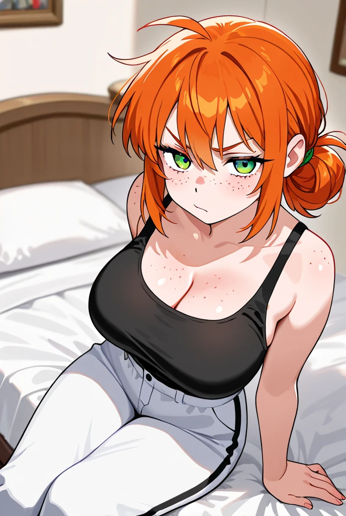 2heads, a short chubby woman with 2 heads. Her breasts are enormous. She is wearing a hoodie and sweatpants. She is pouting. She has messy long orange hair. She has freckles. Her breasts are massive. She is sitting on a couch. Huge boobs.