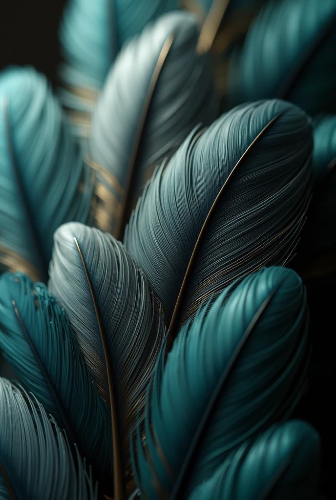 Realistic, cinematic, 45°-angle-dutch-tilt. Captured with a high-end-IMAX-camera. Highly-detailed. Extreme-close-up, 8K Ultra HD, Macro detailed luxurious feathers, only the feather tips are visible, arranged densely and elegantly behind each other, soft focus depth. A few feathers are painted with thin, geometrically aligned golden lines, accentuating the feather structure without obscuring details. Elegant luxury wall decoration style. Color palette: matte black, soft grey, pure white, gold, cyan blue, and subtle pastel green tones. High contrast, artistic composition, soft shadows, natural textures, ultra high resolution, moody lighting, museum-quality photo-realistic rendering.
