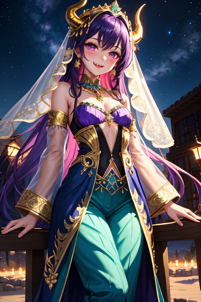 1girl, Senjougahara Hitagi, monogatari (series), masterpiece, best quality, absurdres, golden hour lighting, bohemian luxury, summer theme, free-spirited pose, exotic location, purple hair clothing:

Flowing maxi dress in rich jewel tones (deep purples, teals, and golds)
Intricate embroidery and beadwork on the bodice
Off-shoulder design with billowy sleeves
High-quality silk and chiffon fabrics
Handcrafted leather sandals with colorful gemstone embellishments

髪型:

Long, wavy purple hair with subtle ombre effect
Loose, messy fishtail braid to one side
Gold leaf accents woven into the hair

アクセサリー:

Multiple layered necklaces with mixed metals and semi-precious stones
Stacked bangles and cuffs with intricate designs
Large, ornate chandelier earrings
Several statement rings with bold gemstones

メイク:

Smokey eye with gold and purple tones
Dewy, glowing skin
Bold, Berry-toned lips Hint of shimmer on cheekbones and collarbones Pose and environment:

Lounging on a luxurious oversized floor cushion
Exotic Moroccan-inspired courtyard with intricate tilework
Lush tropical plants and flowing fabrics in the background
Soft, Warm lighting from ornate lanterns Accessories:

Vintage-inspired embroidered clutch
Ornate hand fan with peacock feathers
Crystal-embellished goblet with a colorful cocktail