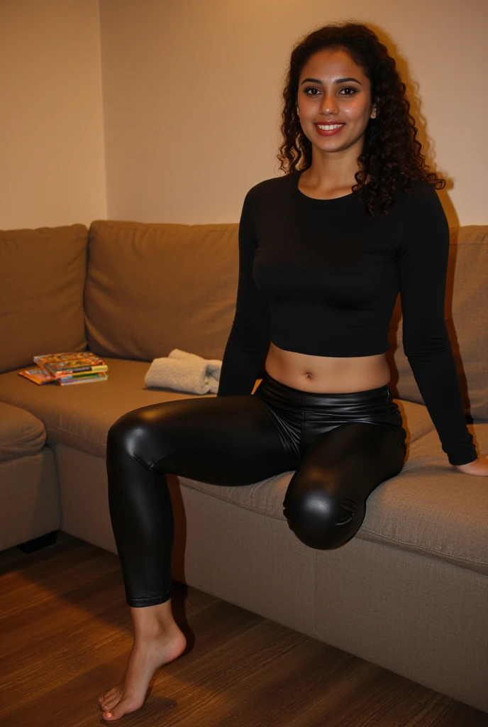 show entire body, feet in view, aerial view, Alicia Keys, curly hair, micro shorts, plain t-shirt, pantyhose, no shoes, smiling, HD, best quality, sitting on floor, luxurious bedroom