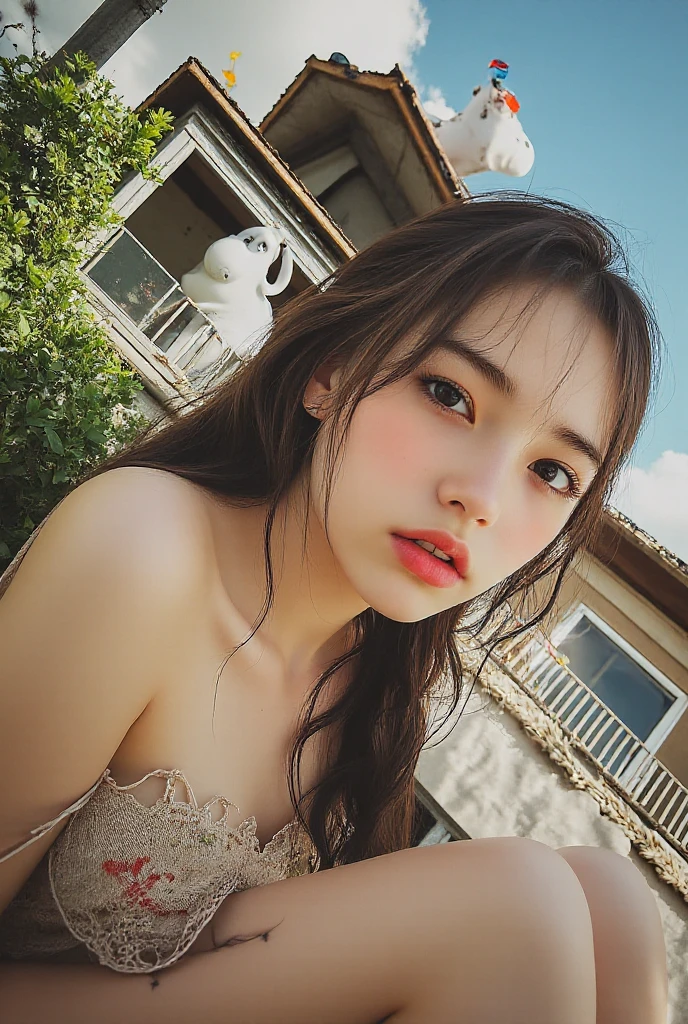 ((highest quality、8k、masterpiece:1.3))、Shooting at sea、Angle from below、Gal Makeup、Ganguro Makeup、blue eyes、Beautiful feet、Cleavage、Butt、No sleeve、Wearing shorts。、One Girl、Beautiful Japanese Women:1.3、(Long Hair、 outside:1.2)、 Black and white animal print bikini:1.2、Beautiful woman with perfect style:1.4、Perfect Eyes、Calm Eyes、Natural smile、Perfect Iris、Perfect Lips、Golden Skin、Do not polish、Super detailed face、Delicate eyes、double eyelid、Soft Breasts、Laughter、Exposed Cleavage、