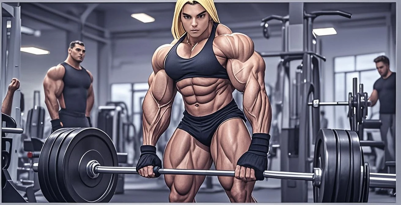 Nordic female bodybuilder, single woman, beautiful face, big muscles, big eyes, perfect body, wide shoulders, wide arms, large and marked pectorals, small waist, thick legs, big and thick buttocks, wide calves, very beautiful, full body centered,