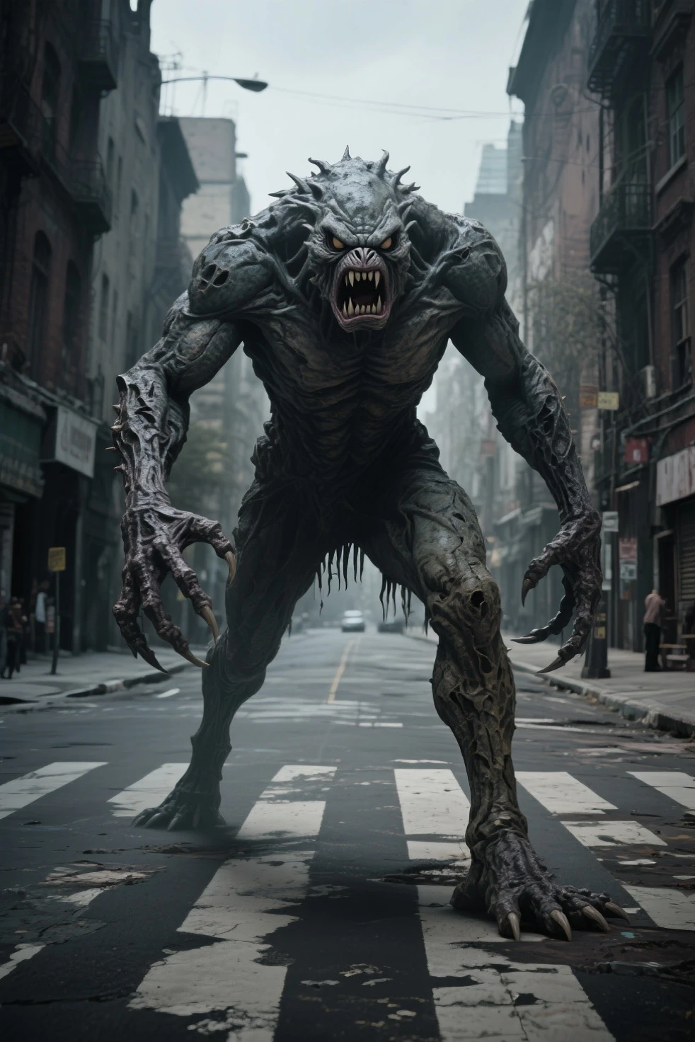 draw ukraine if he was a scary monster. super realistic style. cinematic style. Kyiv street background. Flag of Ukraine