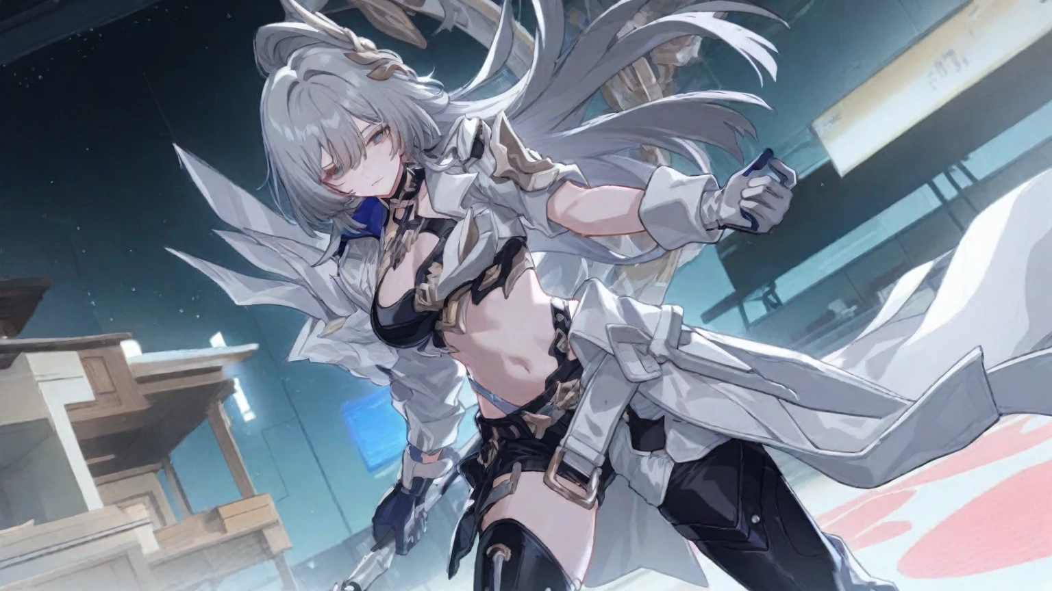 "(Highest quality,High resolution:1.2), Cute Smile, Unusual Point of View, White sweater, Medium Shot, Color decomposition color, shoulder, blush, (Gray Hair), White gloves, White boots, Blue Iris"，star空の背景，star,((Detailed depiction of panties)))、Shot of her from below、Dynamic posture、only、High Kick、Attacking with the feet、Superperspective、Wide Shot、shortening、Combat Stance