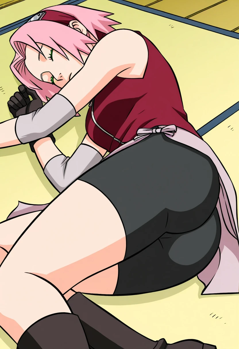 sakura shippuuden, jaqueta vermelha, perna enfaixada, saia, Footwear without fingers, short preto, sem mangas, franja, olhos verdes, seios pequenos, protetor de testa, konohagakure symbol, luvas pretas, perfeito, obra de arte, (melhor qualidade, high resolution:1.2), 1 garota, lindos olhos detalhados, beautiful detailed lips, olhos e rosto extremamente detalhados, long eyelashes, average:oil painting, cores vivas, HDR, studio lighting, Pintura ultrafina, sharp focus, physically based rendering, extreme detailed description, Retratos, ((dedos organizados)), curvy body, seios grandes, forma perfeita, visualizador de frente, suado, maravilhoso, ((arms up)), escarranchado, sorridente, sexo nas axilas, penis under armpit, 1