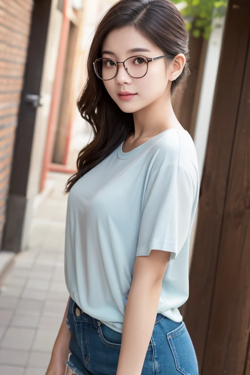 (RAW Photos, 4K, masterpiece, High resolution, Very complex) (Realistic: 1.4), Cinema Lighting, 1 person, Focus Only, Summer noon, hot, 1990s (style), Denim Lenses, indoor, Short sleeve T-shirt