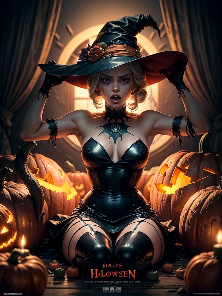 gwen tennyson,tracer,rebecca chambers, yorha 2b,atelier ryza,nier automata,1girl, close up,mecha pilot,tattoos,halloween forest,golden and red plugsuit,pirate corset,silver long sleeve lycra top,fishnet leggings,short hair,cute makeup, green eyes,red and gold hair,shy smile, freckles,redhead,beautiful girl,large breasts,ultra detailed,realistic,fantasy art, short flared skirt,steel armor,halloween pumpkin,moonlight,witch cloak,neck and head jewelry,witch hat,magic wand,
