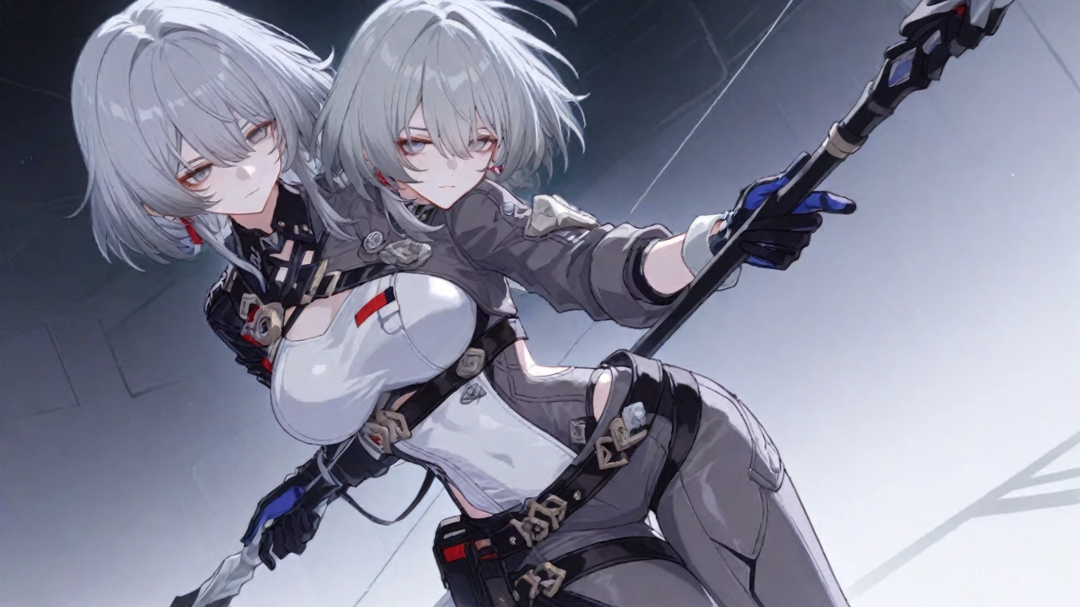 ((Highest quality)), ((masterpiece)), ((detailed)), (4K), (nsfw), 1girl, 独奏, (eyepatch), short hair, crop top, leather jacket, Torn miniskirt, suspender skirt, torn hose, torn pantities undehose, cameltoeker, bracelet, erect nipples, (rain), (), seeh, (expressionless), scowl, (from below), (looking down), looking at viewer, (open legs), wasteland, town