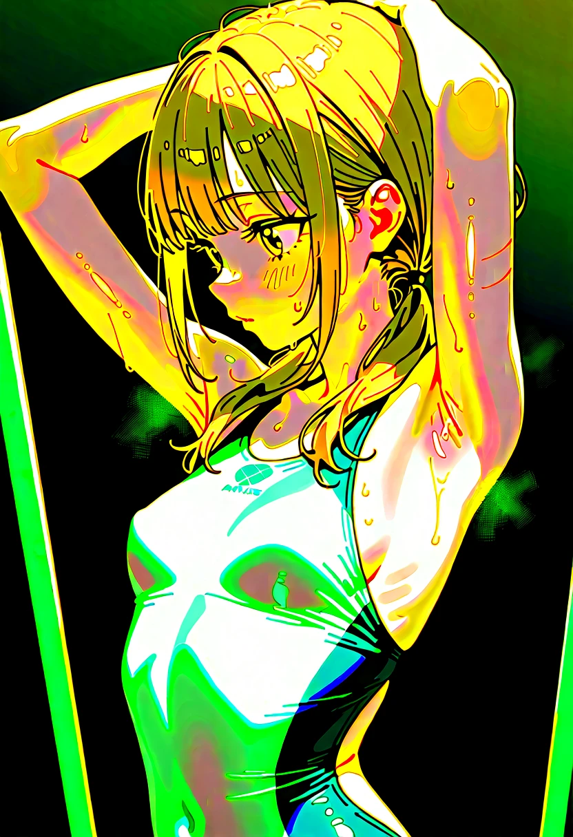 hiquality、16 K、(NSFW)、((Normal breasts))、thick thighs、(Green eyes,a blond、Short hair, bob cut hair),(bauth hanDs behinD heaD),(Sweat)、boobs boobs desperate、((:D))、((nipple bulge))、((Light blue stripeD bikini))、the beach、boobs boobs dynamic angle、eye glasses