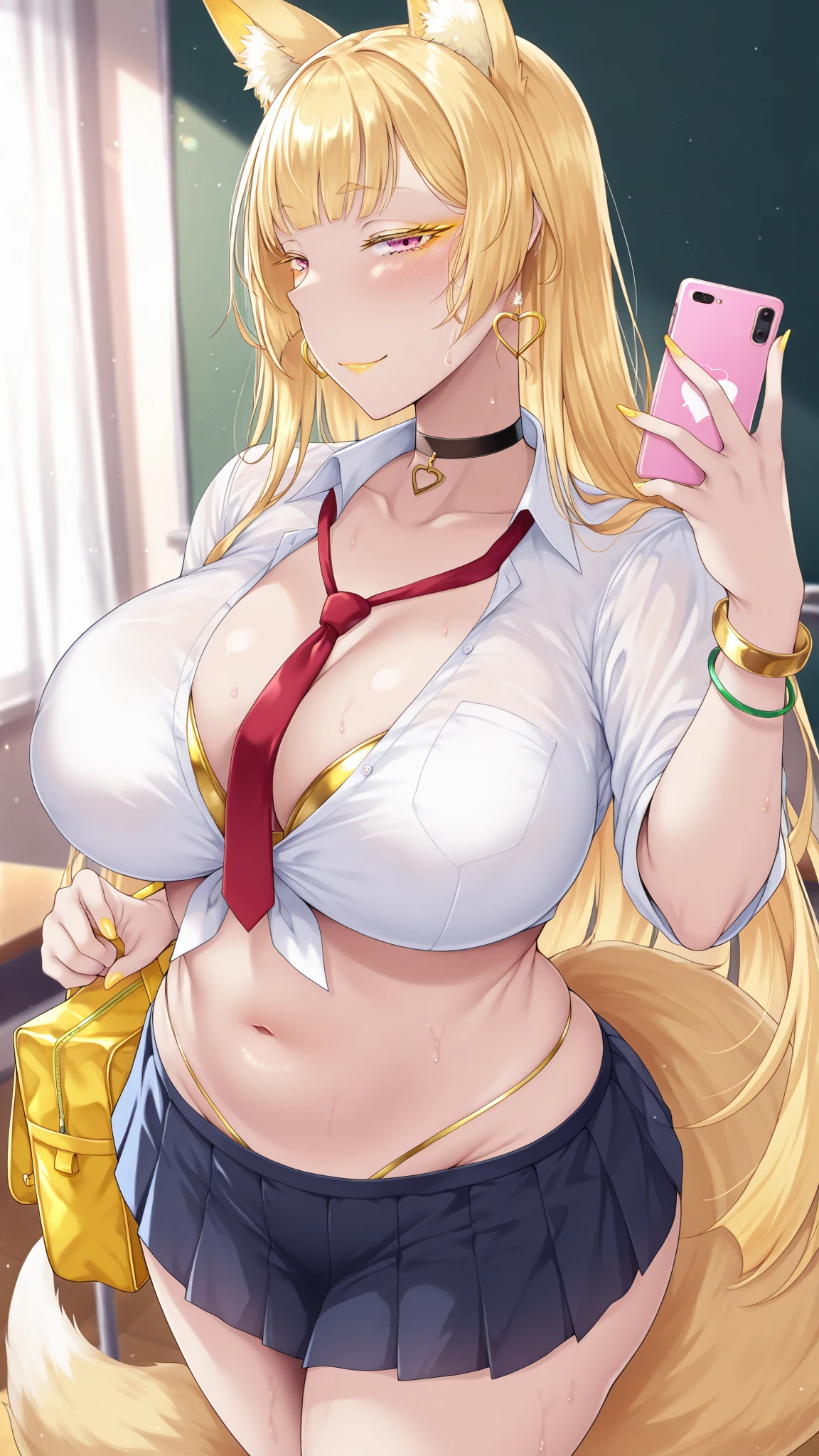 {masterpiece, distinct_image, extremely detailed CG, (extremely detailed fine touch:1.2), (natural light, sun light, light rays, dappled light, ray tracing:1.2), beautiful eyes and detailed face,realistic, photo realistic, 4k, 8k, high_resolution,(perfect_finge:2.0), (beautiful_detailed_eyes:1.3), glitter, yellow_light, (glow_yellow_face, front_light:1.3), summer_light{1girl, face_focus,cowboy_shot, looking for_in_viewer, front_view, standing, hand_on_own_cheek, (heart finger pose:1.5) },{adult, (huge_breasts, wide_hip:1.3), navel, skinny_stomach,tight_gap, groin, (white_short_sleeve_cropped_button_shirt, tied button shirt:1.7),( very short_black_knife_pleated_skirt, school_uniform, cleavage:1.4), (yellow_leopard_print_bra_over_a_white short_sleeve_button shirt:1.6), (tanning_skin, dark_skin:1.5), (pink_nails, gold earrings, black neck choke, white collar, multiple colored bracelets:1.4),(yellow_hair, pink_eyes, long_hair, side_ponytail, slanted_eyes, bangs:1.4), (smiling face:1.3), sweat, white background}