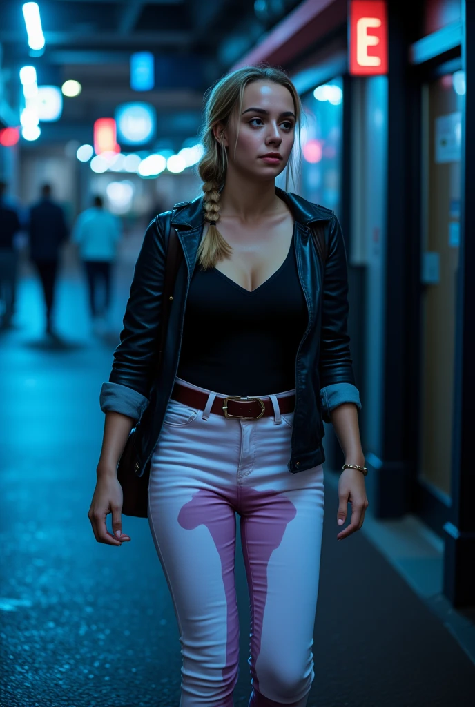 A woman peeing her pants on the side of the road, look of relief and arousal on her face, full body portrait, hyper-realistic, photorealistic, 8k, masterpiece, ultra-detailed, physically-based rendering, vivid colors, studio lighting, dramatic lighting, intricate details, detailed face, beautiful eyes, beautiful lips, 