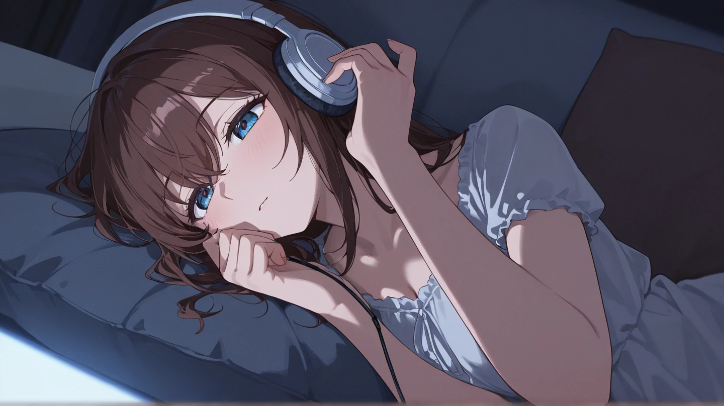 lofi wallpapers in 4k, broadly showing the room, generates me the same girl, lying on the bed, studying the open book in front of her hand, wearing headphones, pretty girl, brown hair, image shows more of her , shows more details of the room, green eyes, more than shows the whites of the eyes, a duvet covering herbody