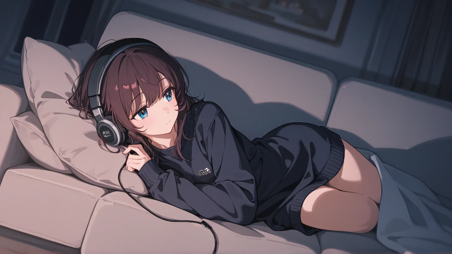 Girl wearing headphones, , Sitting by the window,Wearing white suspender pajamas,Good figure,The girl's front is a,Only the side face of the girl can be seen,Very beautiful girl,It's raining outside the window at night