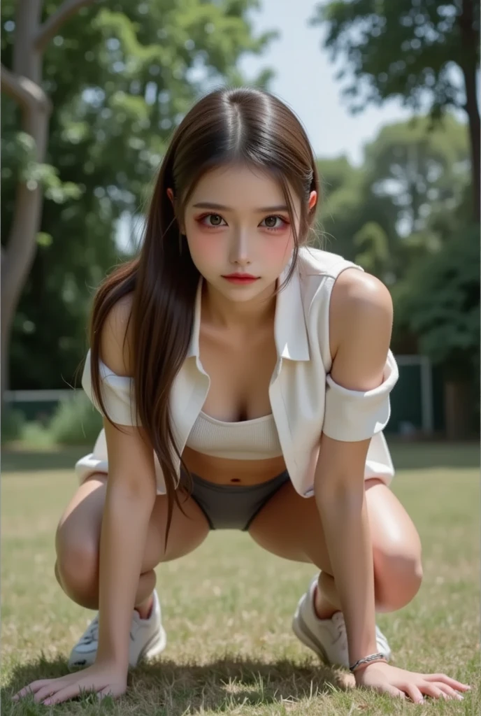 masterpiece、(((Full nude )))、(((square)))、((((full nude nude)))、(((don't wear clothes、Going out naked))、((Low - Angle)))、exposed girl、detailed eyes、超High resolution(reality:1.4)very beautiful, beautiful skin, slender,slender body、small breasts、small breasts、((Are thin、concave abdominal muscles))、thin and long legs、 (Super realistic), (High resolution), (8K), (very detailed), (Super detailed), details face,、NSFW、Obscene look、obscene appearance、(((art)))、play in the outdoor park、Running、hair tied up、clear background、running shoes