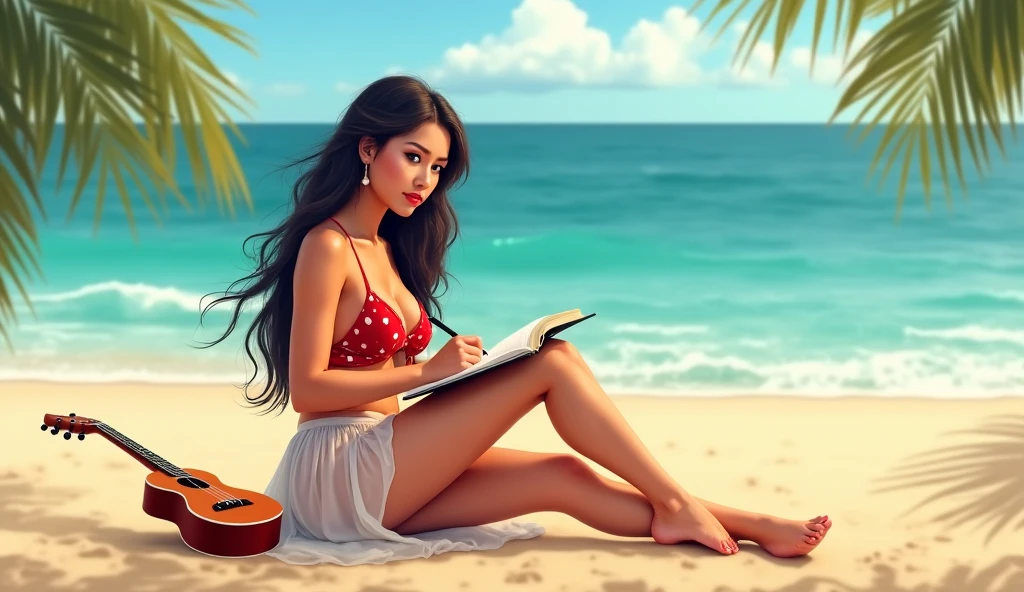 (photorealism:1:2), Create an alone image of a 2 Filipina woman, 5'4" tall, sitting alone on the beach, writing a song in a notebook. She has long, thick hair flowing in the breeze, a pointy nose, a round chin, and a V-shaped face. She is wearing a bikini with a sheer, transparent dress over it. The setting is a tropical beach during a beautiful day, with soft golden sand, gentle waves in the background, and palm trees swaying. A ukulele is placed in the background on the sand near her. The woman is looking directly at the camera with a calm and focused expression, capturing the serene and solitary beach atmosphere as she writes her song.