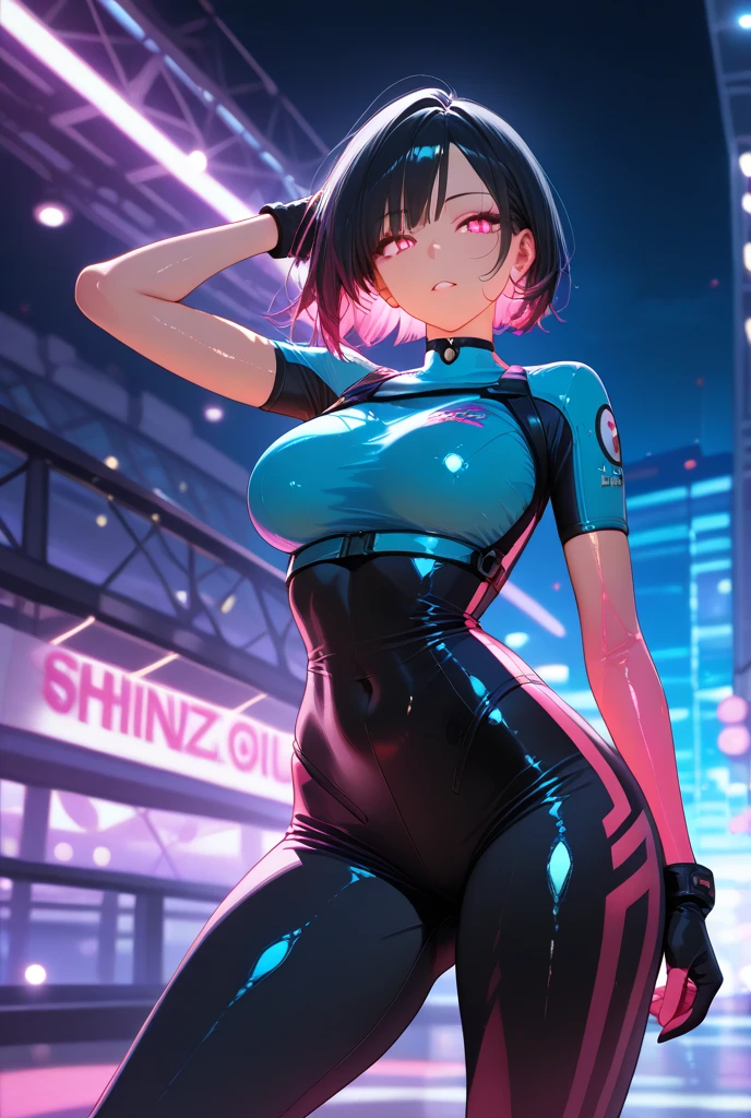 (masterpiece, best quality), (solo), 1girl, cute face, , techno wear, face implants, cityscape, polution, neon lights, cybernetic enhancements, night time, cyberpunk, gigantic breasts