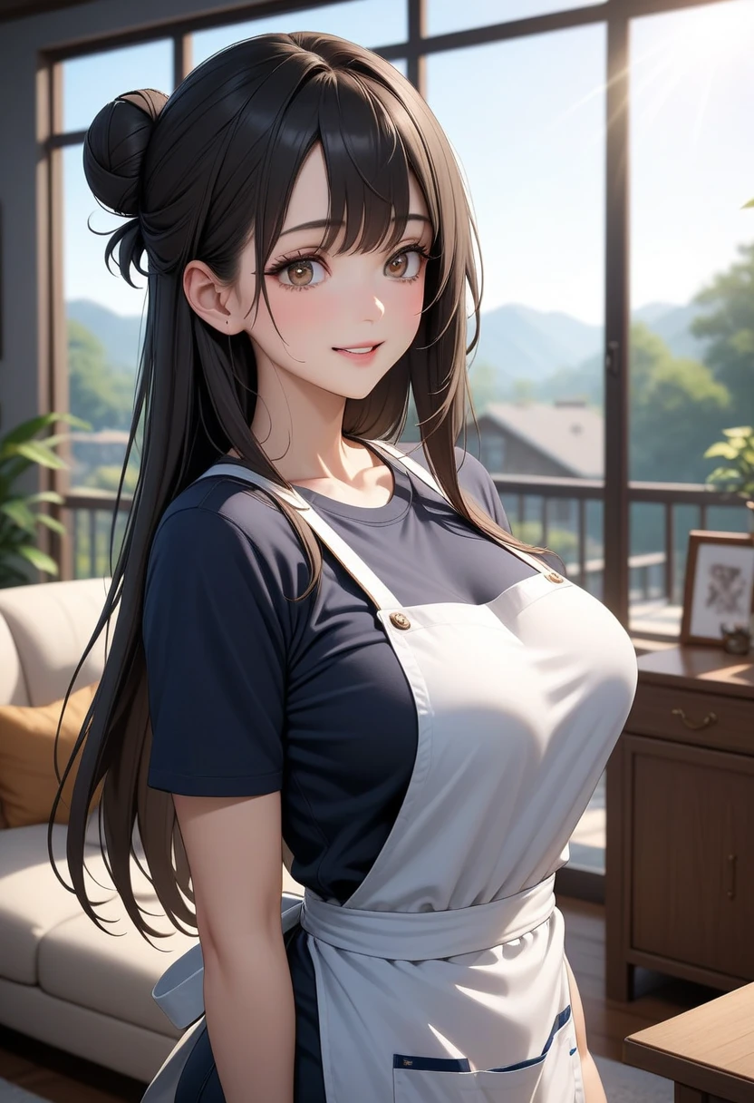 ((Masterpiece, top quality, high resolution)), ((highly detailed CG unified 8K wallpaper)), (huge stunning goddess shot, so hot and sexy, jaw dropping beauty, perfect proportions, beautiful body, slim body beauty:1.3), Food stall, kitchen car, two female waitresses in black aprons making crepes, long hair pulled back, smiling, queue, side view,