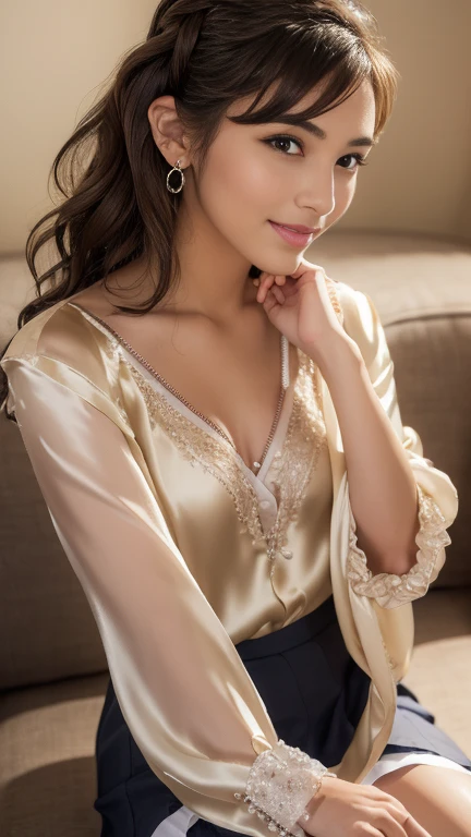 1 Indonesian girl, 25 years old, short fashion hair, slim body, medium cleavage, skintight beige lace kebaya, batik mini skirt, masterpiece, highly detailed, ultra hd, 8k, detailed face, bright eyes, perfect eyes, detailed skin texture, detailed lips, sexy lips, perfect hands, dynamic poses, dynamic angle