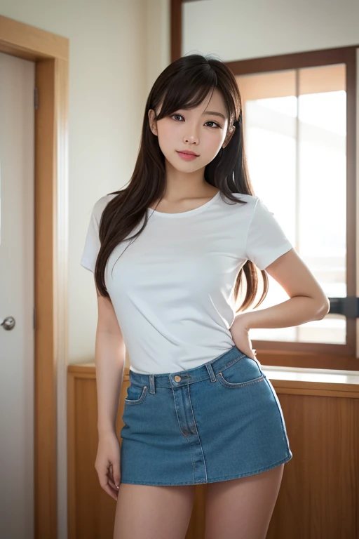 (masterpiece, 高いest quality:1.2), 8k, Official Art, RAW Photos, Unbelievably absurd, (White shirt with short sleeves)、Pleated skirt:1.4), A stunningly beautiful 15-year-old high school girl, ((both handsでスカートを持って))、驚くほどかわいいsmile, 、smile、 (Pleated skirt:1.1), close, , Short sleeve, smileで聴衆を見てください, No makeup, Film Grain, chromatic aberration, Sharp focus, Face Light, Dynamic Lighting, Cinema Lighting, Detailed eyes and face,Wavy inward curl hairstyle、(((White skin)))、Bright bedroom、super slim t高いs、((Lace-trimmed realistic panties、Beautiful crotch))、((((both hands)))),((((Looks very young:1.3))))、(Very young and big boobs)、Sparkling eyes、Lip gloss、((Mekosuji))、((Moriman))