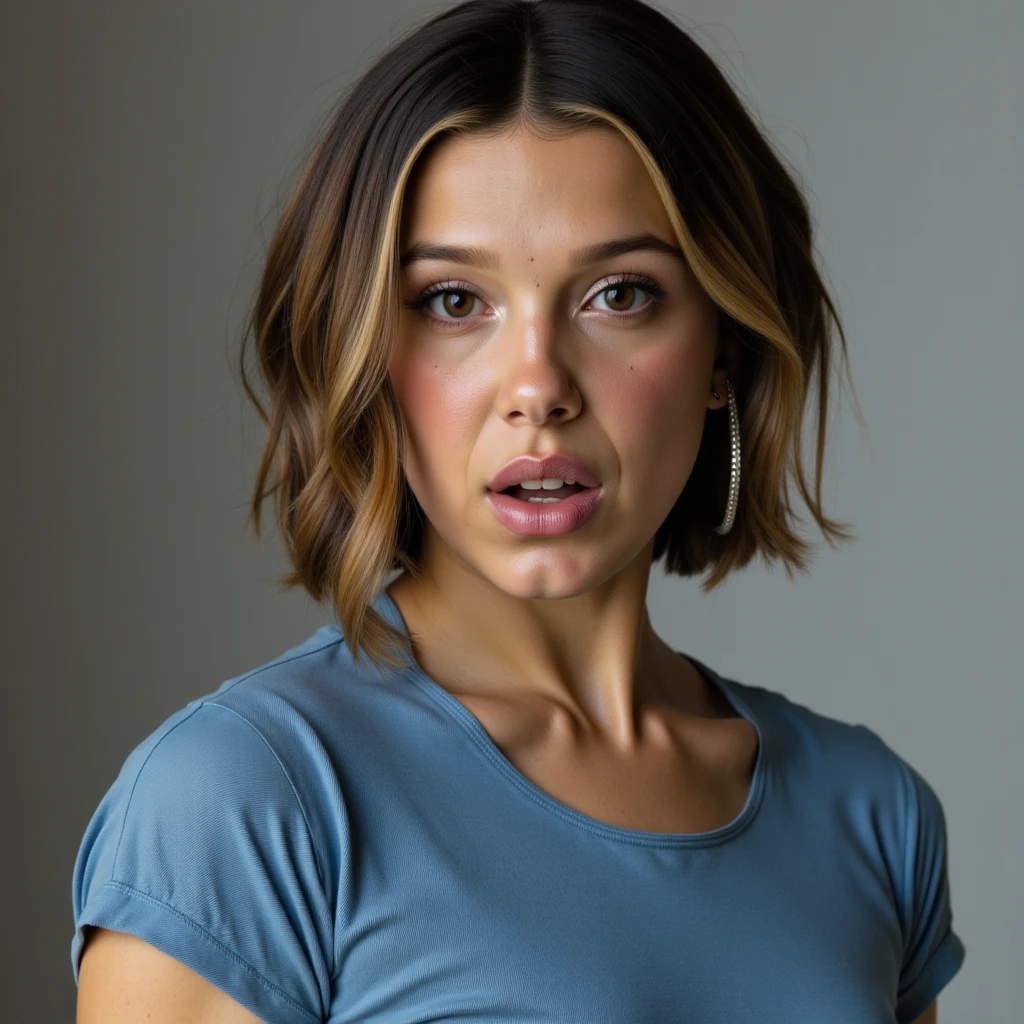 DRESSED Kelly LeBrock from the movie "Oh Science 1985", 80's, realistic eye detailing, shirt, Vintage, old movie aesthetics, 80s hairstyle, Messy voluminous curls, hair tied up in a bun on top of the head, photo grain