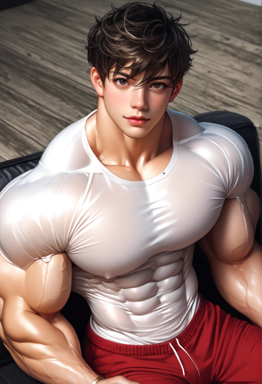(32k, RAW photo, best quality, masterpiece:1.2), (realistic, photo-realistic:1.37), professional lighting, photon mapping, radiosity, 1man, upper body, medium shot, (medium muscle), ((six packs)), left hand combing hair, more masculine, looking at front, high quality, ultra detailed, highres, 8k, accurate color reproduction, realistic texture, ((wearing black long pants)), (extra deatailed), (best quality), 1man,((extra deatailed body:1.3)), (realistic), 27 years old, male brown hair, short hair, blue eyes, daylight, pale skin, detailed chignon hair, (realistic glistening skin:1.2), skindentation, masterpiece, best quality, high resolution scan, (photo by Canon 5d, 50mm ZEISS lens), hourglass proportions, (8k uhd, hdr, dof), (professionally color graded), sharp focus, natural lighting, ((fix hand)), ((fix fingers)), ((fix facial)), ((fix muscle body))