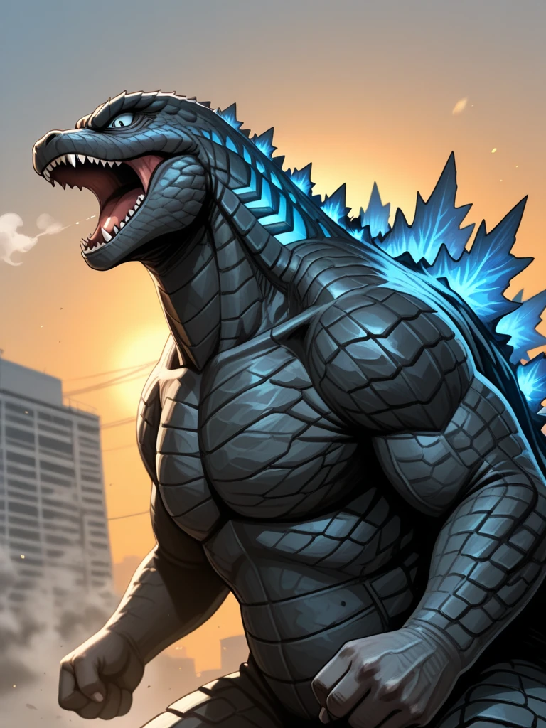 Giant Godzilla, by dan mumford, (masterpiece, best quality, perfect composition, very aesthetic, absurdres, ultra-detailed, intricate details, Professional, official art, Representative work:1.3)