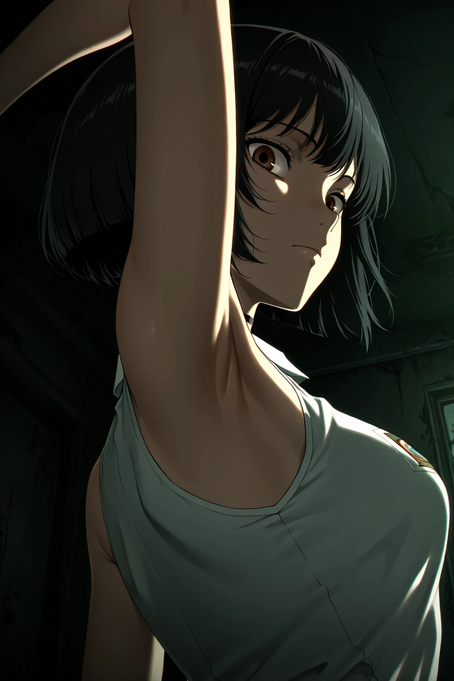 ((masterpiece, best quality)),((highres:1.2)),1 Girl, solo, Cowboy Shot, Blurred Background, ((flat chest:1.2)), Thighs, ((topless:1.2)), pussy, (naked), (((Fantastic Pose:1.2))), ((pixie cut:1.2))